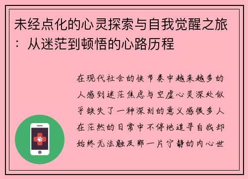 未经点化的心灵探索与自我觉醒之旅：从迷茫到顿悟的心路历程